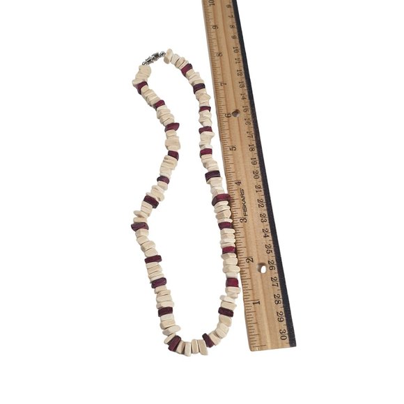 Choker Necklace Wood Bead Men Women 17" Handmade Fashion White Maroon Beach Core - Picture 2 of 4